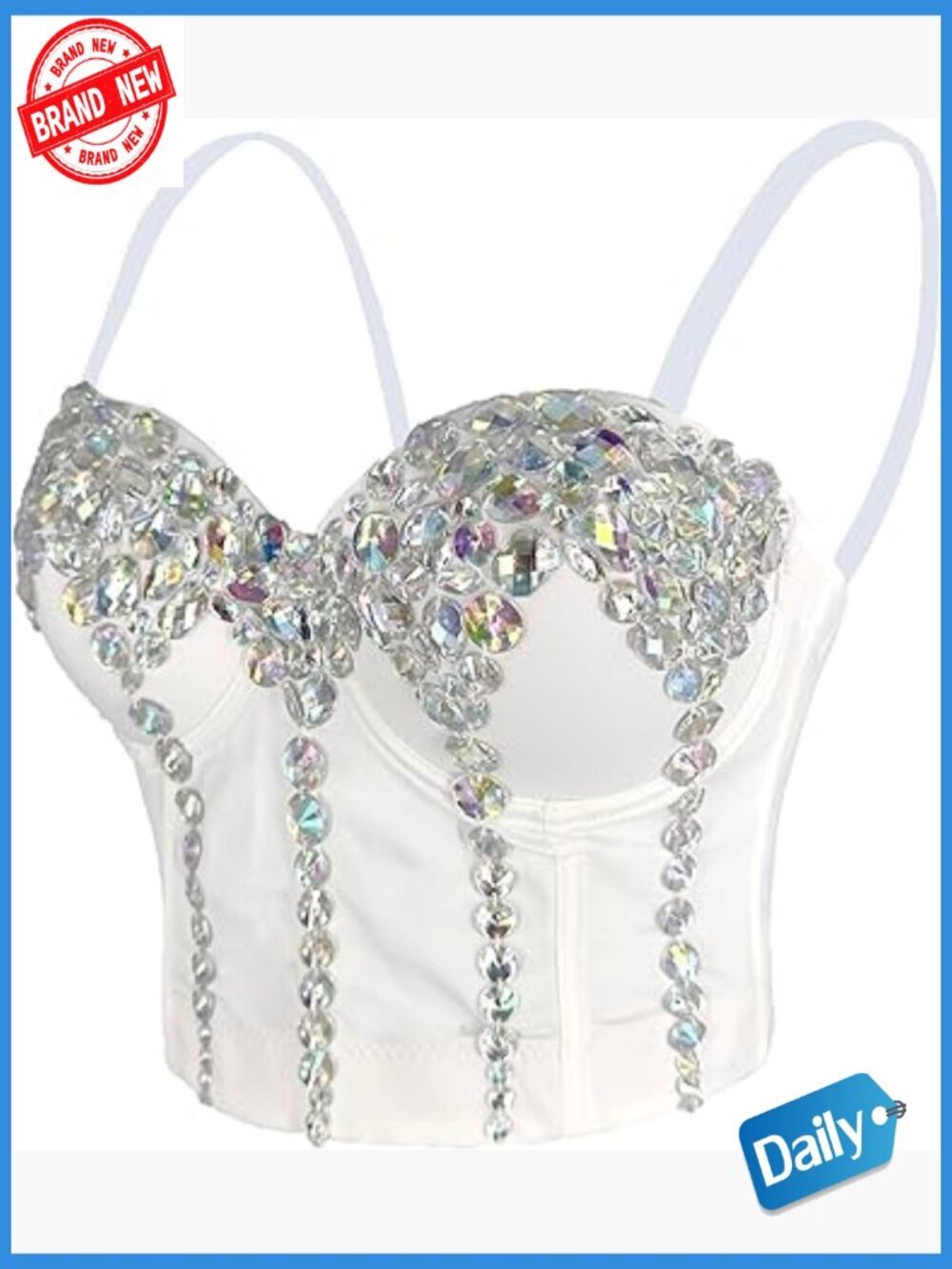 Sexy Rhinestone Gem Acrylic Bustier Corset Top White